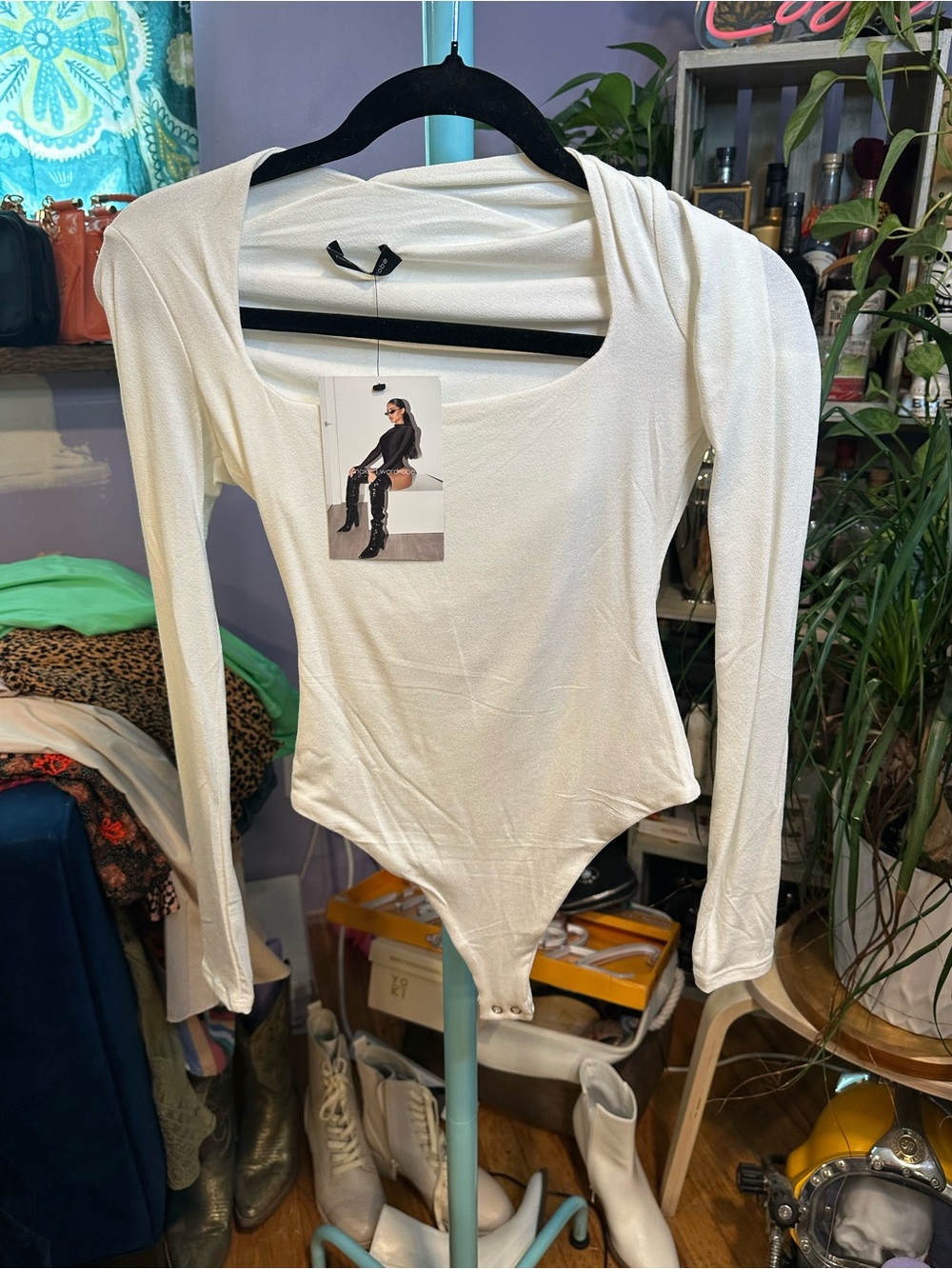 naked wardrobe White Square Neck Long-Sleeve Bodysuit